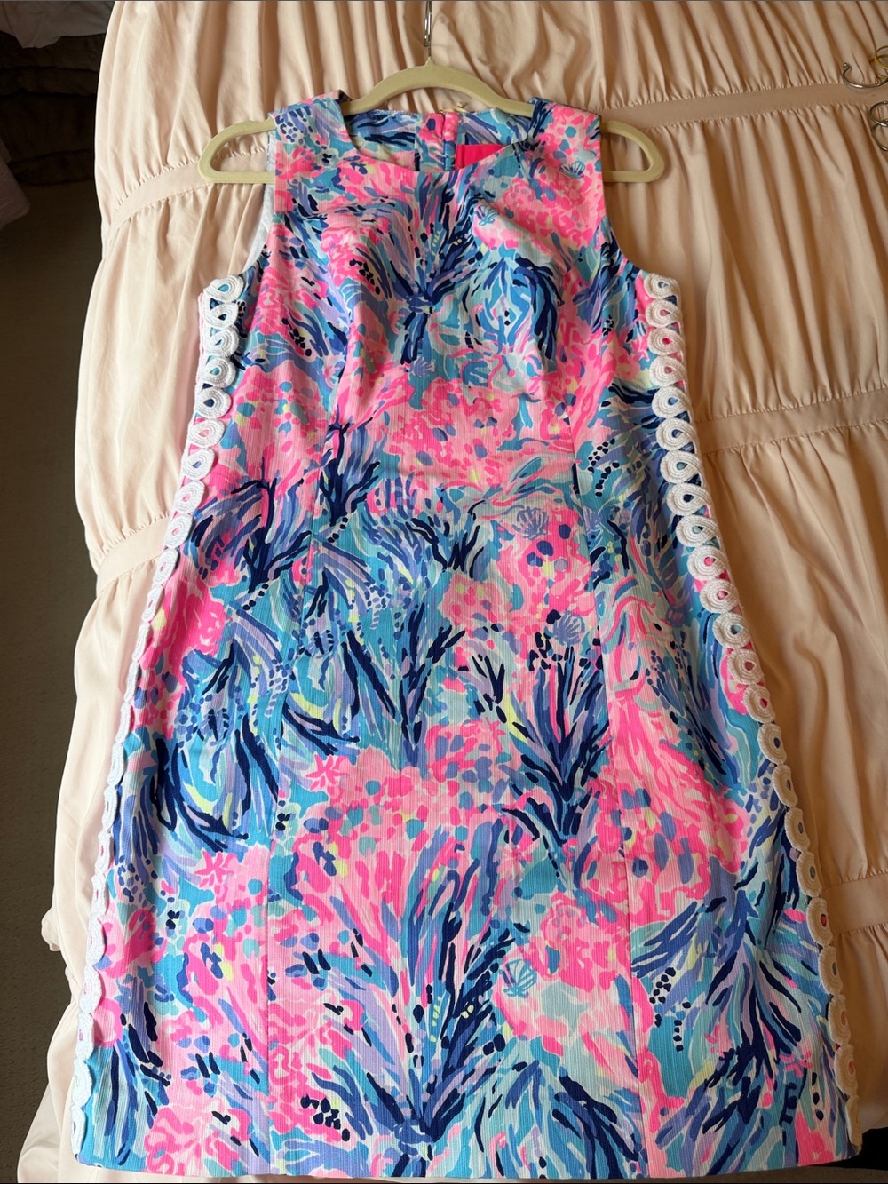 Lilly Pulitzer Pink Blue Floral Shift Dress with White Eyelet Trim